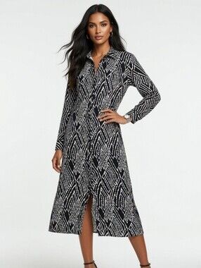 Coco + Carmen Black & White Geometric Midi Shirt Dress (Size:L/XL )